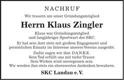 Traueranzeige Klaus Zingler