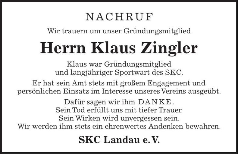 Traueranzeige Klaus Zingler