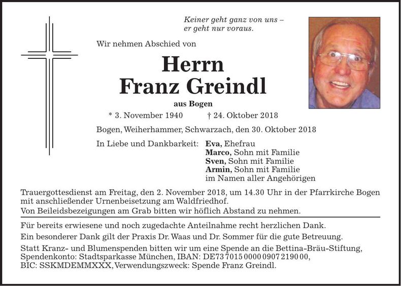 Traueranzeige Franz Greindl
