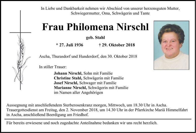 Traueranzeige Philomena Nirschl