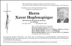 Traueranzeige Xaver Hopfenspirger
