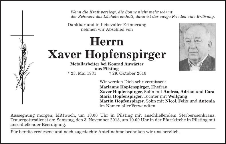 Traueranzeige Xaver Hopfenspirger