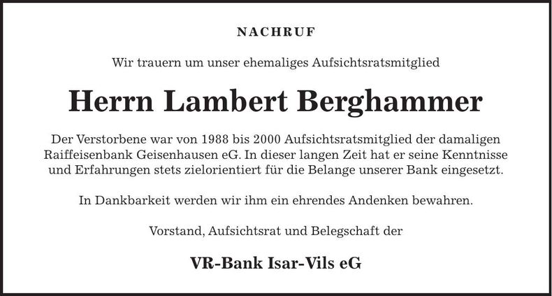 Traueranzeige Lambert Berghammer
