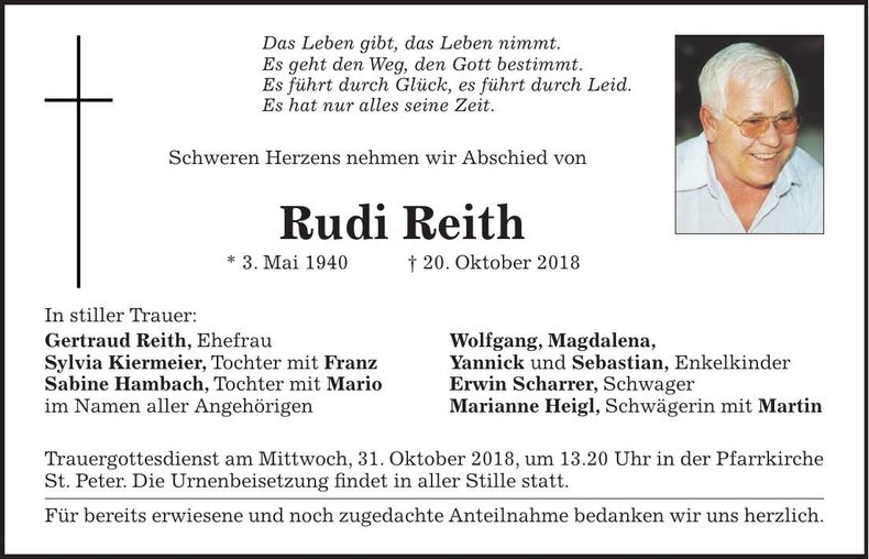 Traueranzeige Rudi Reith