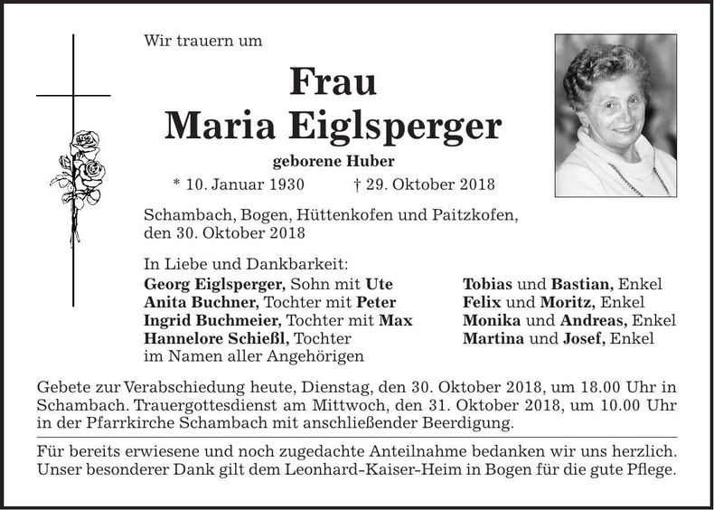 Traueranzeige Maria Eiglsperger