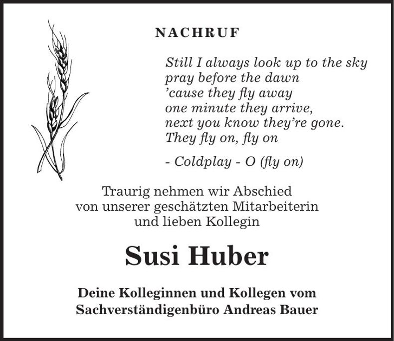 Traueranzeige Susi Huber