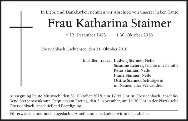 Traueranzeige Katharina Staimer