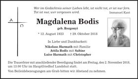Traueranzeige Magdalena Bodis