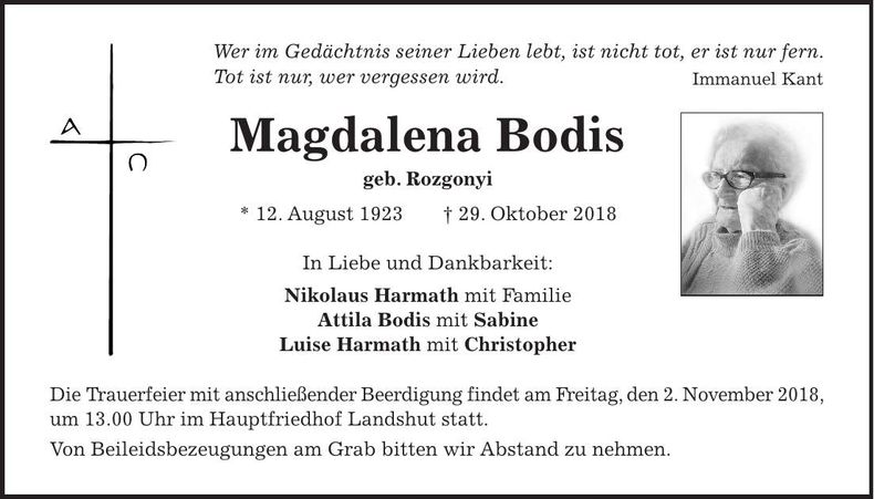 Traueranzeige Magdalena Bodis