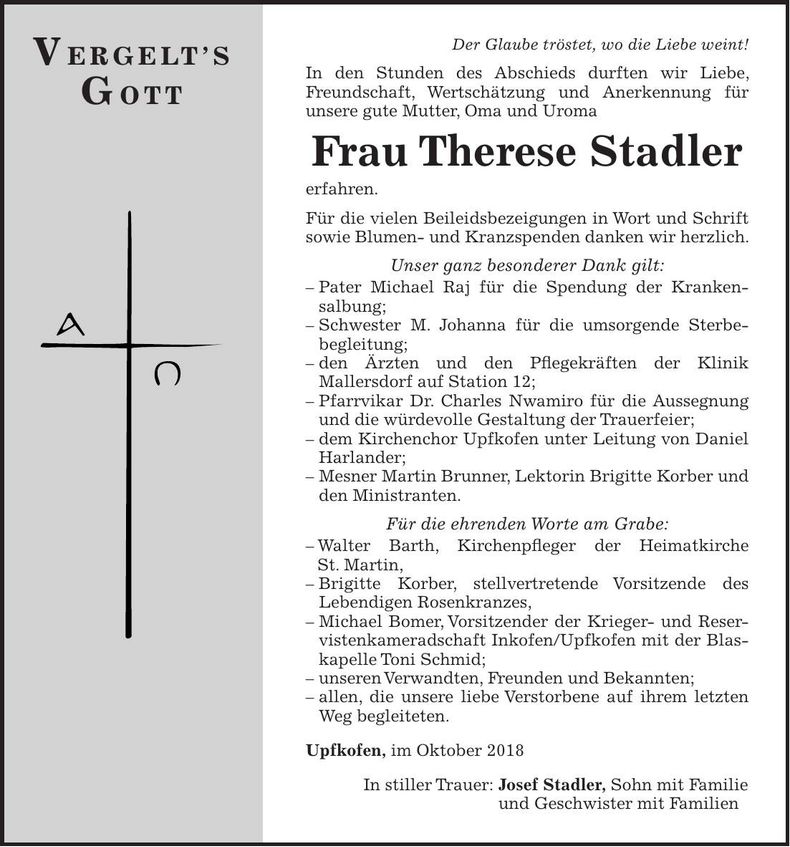 Traueranzeige Therese Stadler