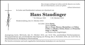 Traueranzeige Hans Staudinger