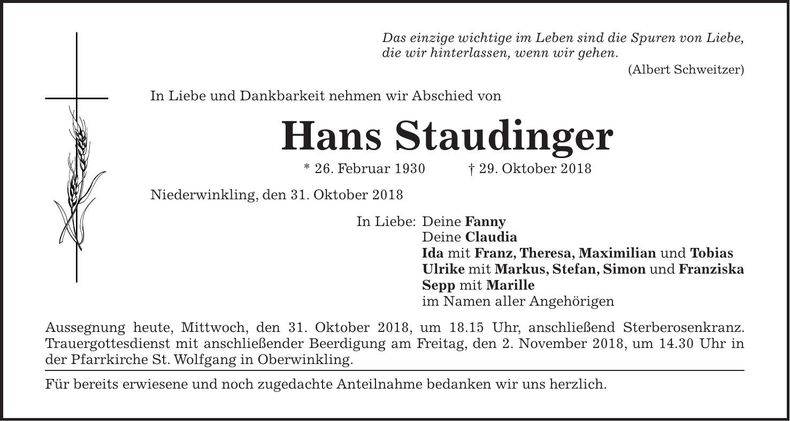 Traueranzeige Hans Staudinger