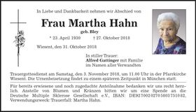 Traueranzeige Martha Hahn