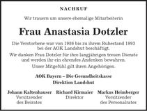 Traueranzeige Anastasia Dotzler