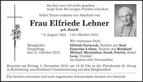 Traueranzeige Elfriede Lehner