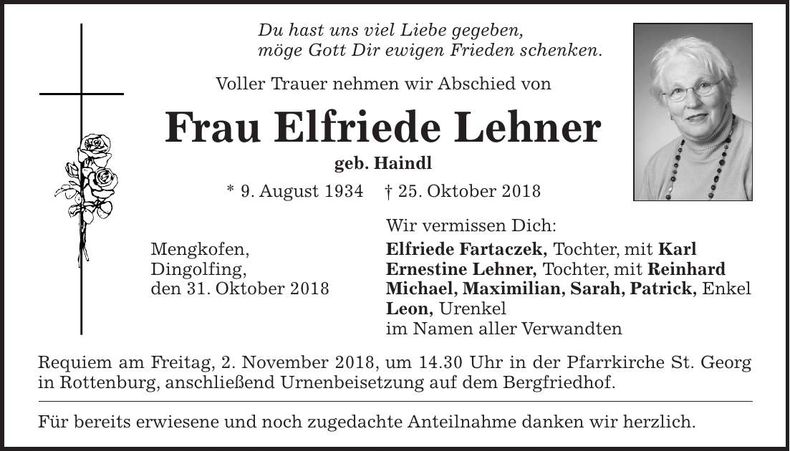 Traueranzeige Elfriede Lehner