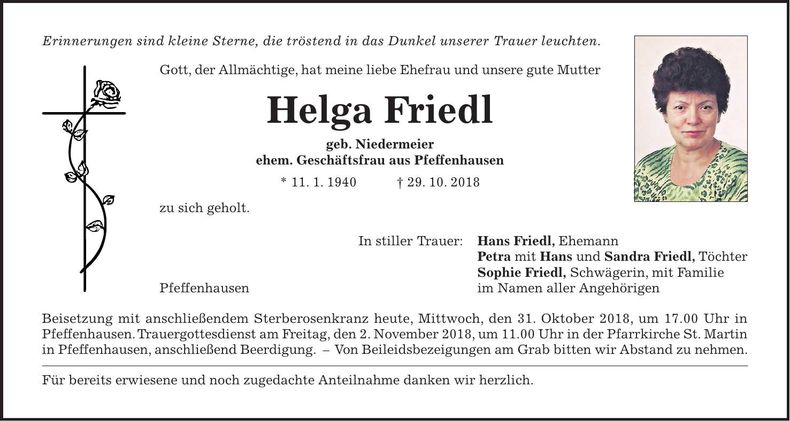 Traueranzeige Helga Friedl