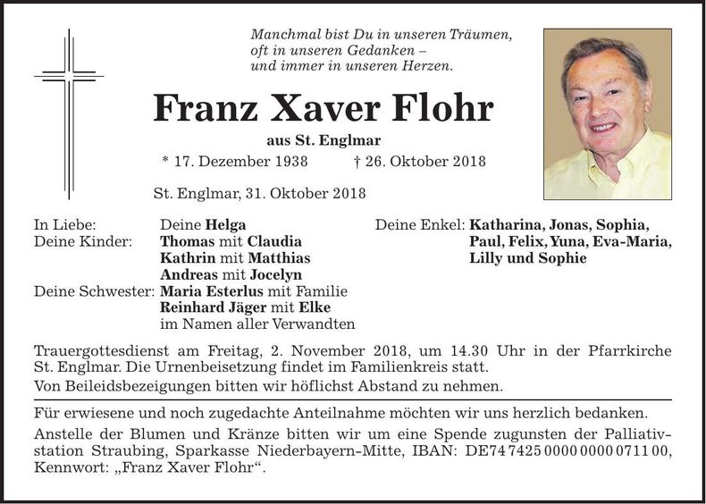 Traueranzeige Franz Xaver Flohr