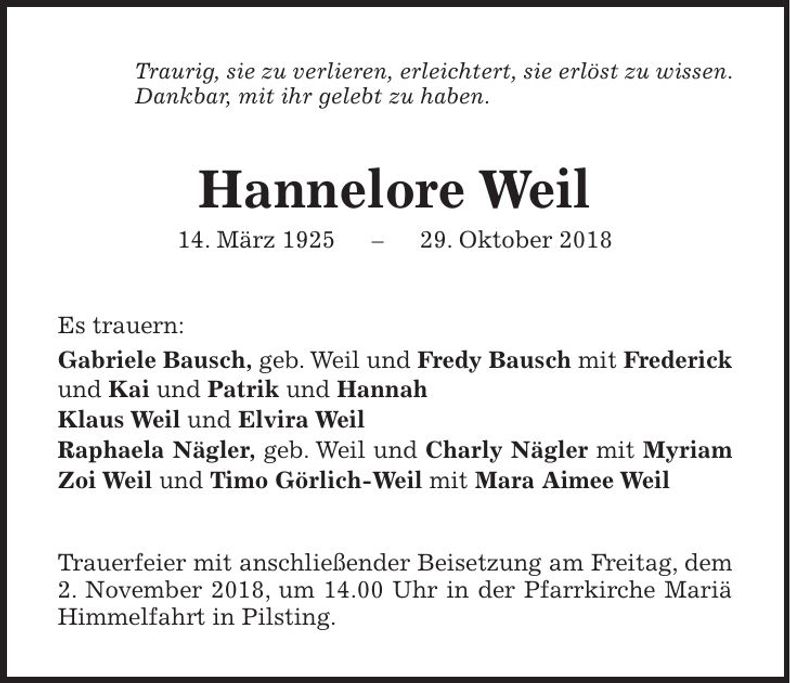 Traueranzeige Hannelore Weil