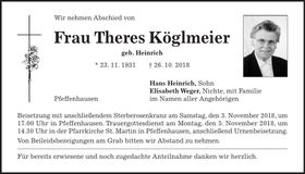Traueranzeige Theres Köglmeier