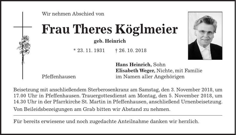 Traueranzeige Theres Köglmeier