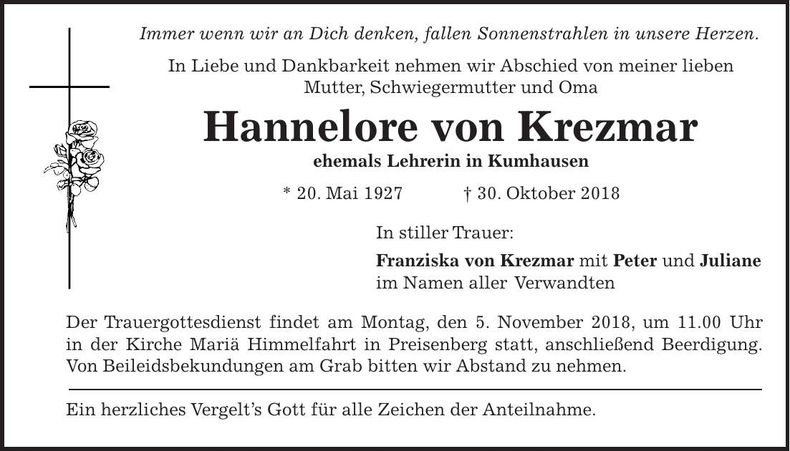 Traueranzeige Hannelore Krezmar