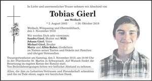 Traueranzeige Tobias Gierl