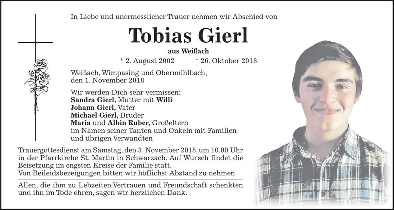 Traueranzeige Tobias Gierl
