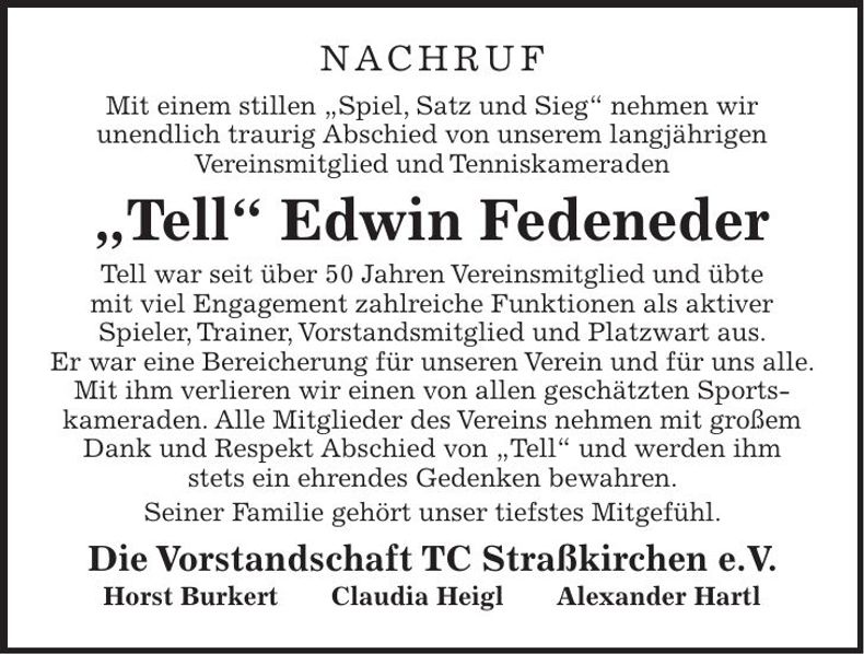 Traueranzeige "Tell" (Edwin) Fedeneder