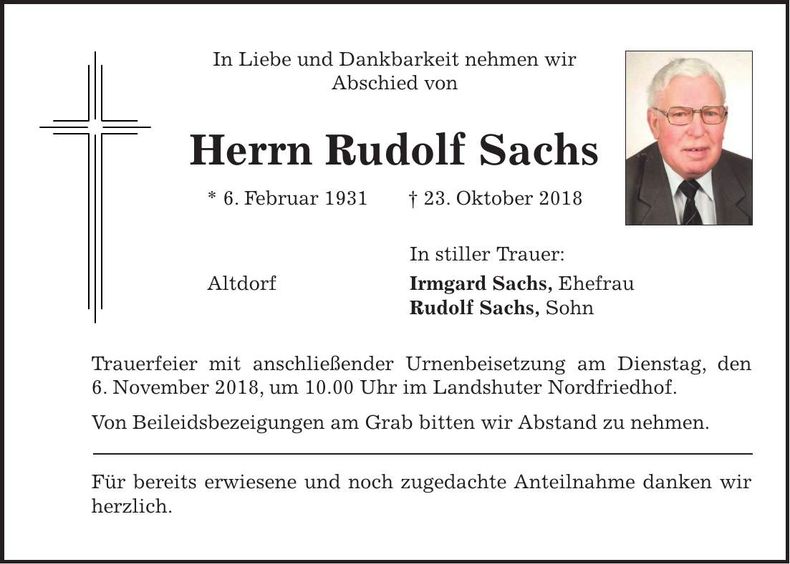 Traueranzeige Rudolf Sachs