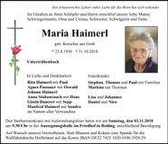 Traueranzeige Maria Haimerl