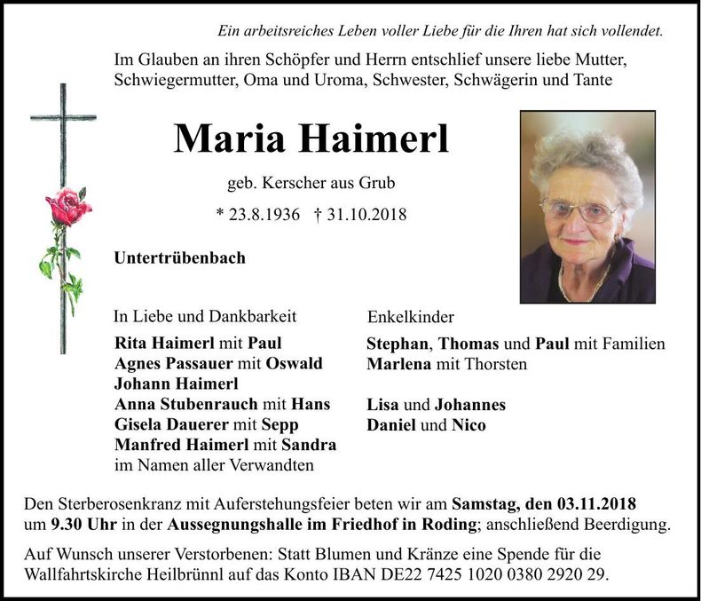 Traueranzeige Maria Haimerl