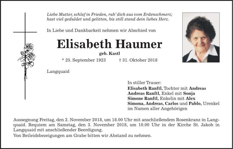 Traueranzeige Elisabeth Haumer