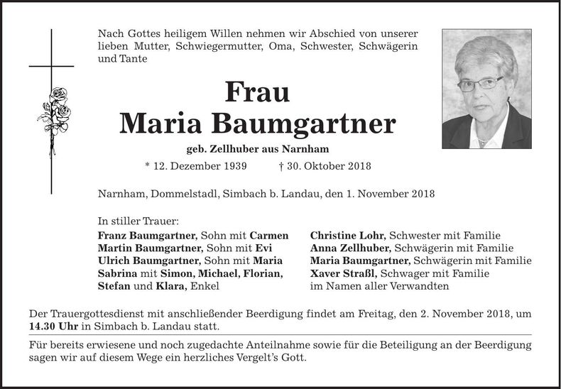 Traueranzeige Maria Baumgartner