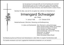 Traueranzeige Irmgard Schwaiger