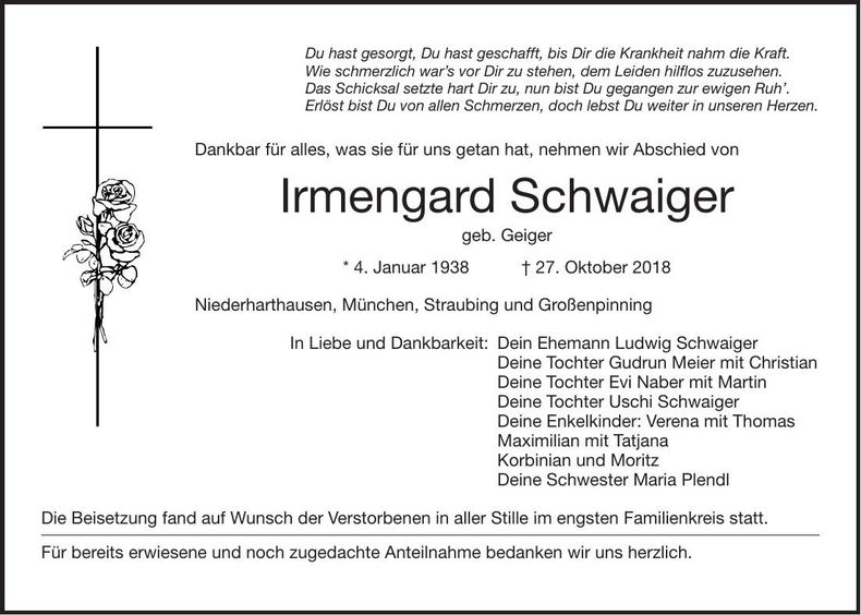 Traueranzeige Irmgard Schwaiger
