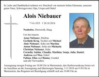 Traueranzeige Alois Niebauer