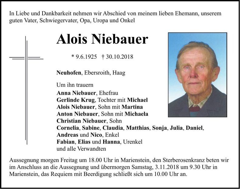 Traueranzeige Alois Niebauer
