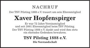 Traueranzeige Hopfenspirger Xaver