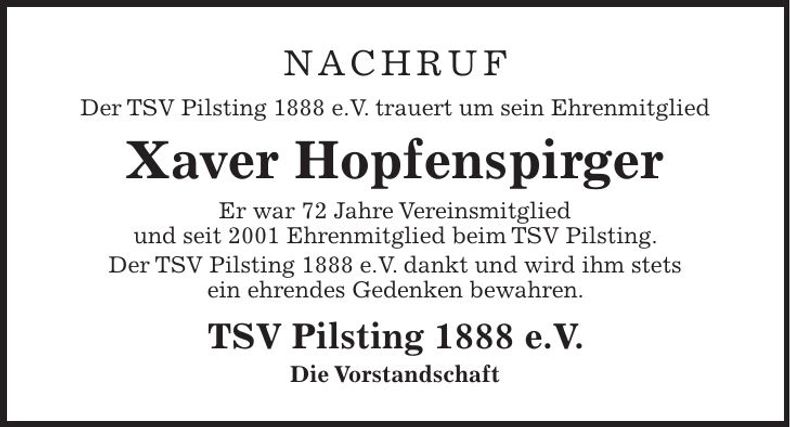 Traueranzeige Hopfenspirger Xaver