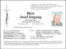 Traueranzeige Josef Irrgang