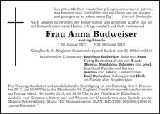 Traueranzeige Anna Budweiser