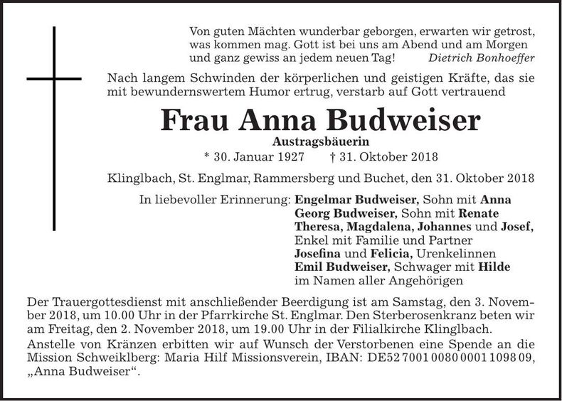 Traueranzeige Anna Budweiser
