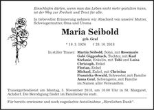 Traueranzeige Maria Seibold