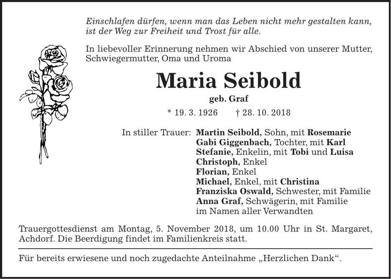 Traueranzeige Maria Seibold