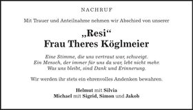 Traueranzeige Theres Köglmeier