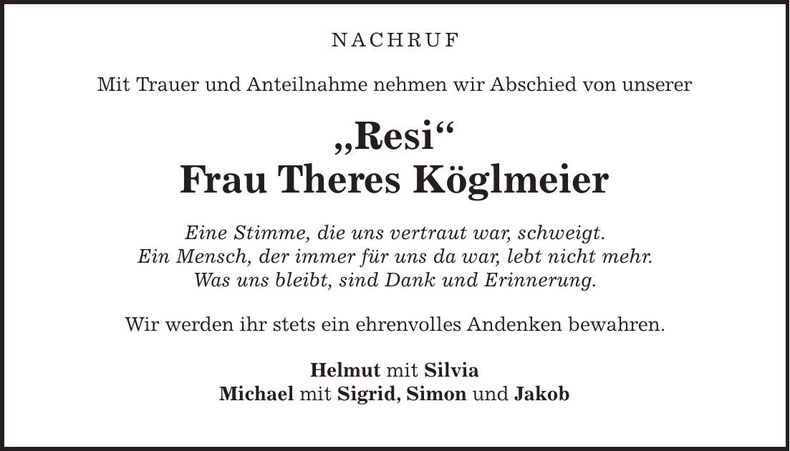 Traueranzeige Theres Köglmeier