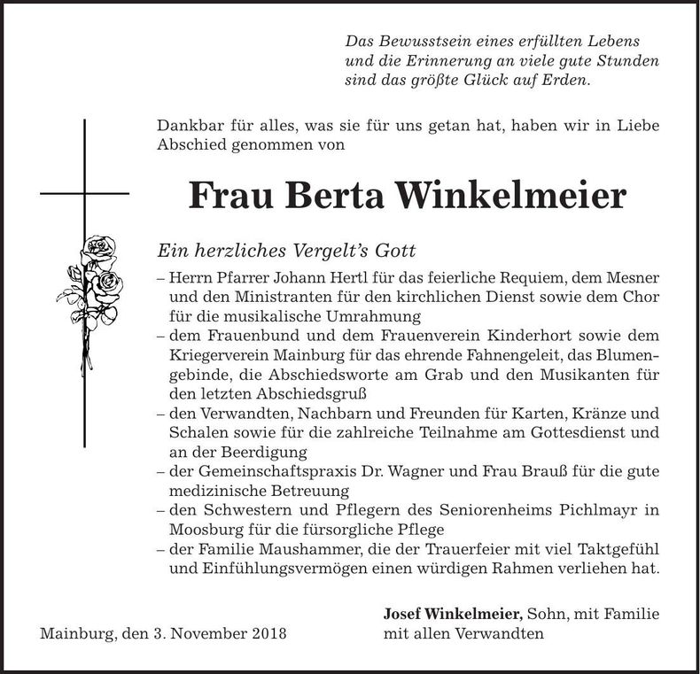 Traueranzeige Berta Winkelmeier