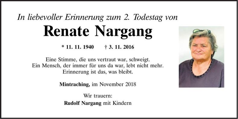 Traueranzeige Renate Nargang