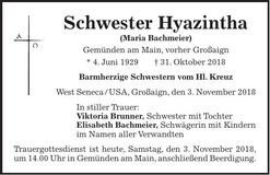 Traueranzeige Maria, Sr. Hyazintha Bachmeier